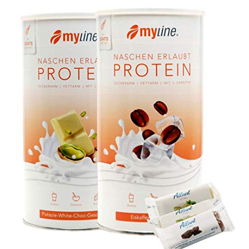 Myline Doppelpack Protein Eiweißshake + 3 Proteinriegel (Pistazie- Eiskaffee)