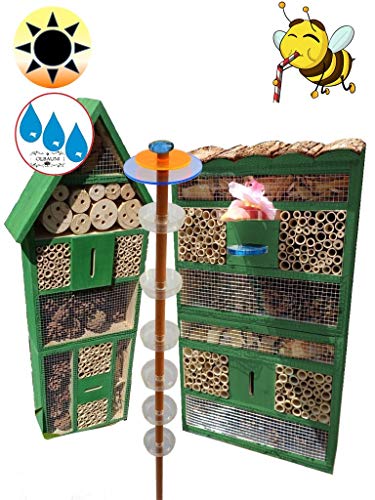 XXL Gartendeko-Stecker mit Lichteffekt, Sonnenfänger als funktionale Bienentränke + 2X Lotus BIENENHAUS Insektenhaus,XXL Bienenstock & Bienenfutterstation für Wildbienen, grün, Marienkäferhaus