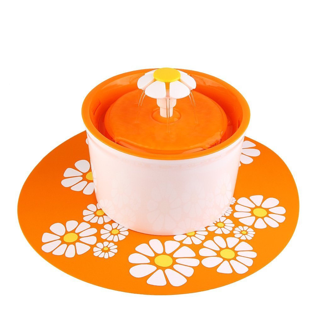 JIAN YA NA Haustier-Trinkwasser-Brunnen 1.6L Blumen-Art-automatischer elektrischer zirkulierender Haustier-Wasser-Brunnen für Hunde/Katzen Innentrinkschale-Wasserspender Silikon-Matte (Orange)