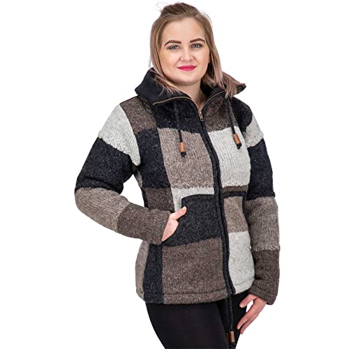 Damen Strickjacke Goa Wolle Bunte Patchwork Jacke mit Fleecefutter und Hochkragen, Größe:XXL