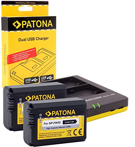 Patona Akku 2x (950mAh) - Ersatz für Sony NP-FW50 mit Patona USB Dual Ladegegerät zu Sony ILCE Alpha 5100 6000 6300 6500 / A55 A33 A35 A37 / 7 7II 7S / DSC RX10 / NEX usw.