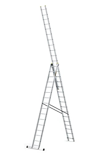 DRABEST Aluleiter 3x16 Stufen Vielzweckleiter 3-teilig Klappleiter PRO Mehrzweckleiter bis 150 kg Beslastbar inkl. Eimerhaken Arbeitshöhe 10,83 m