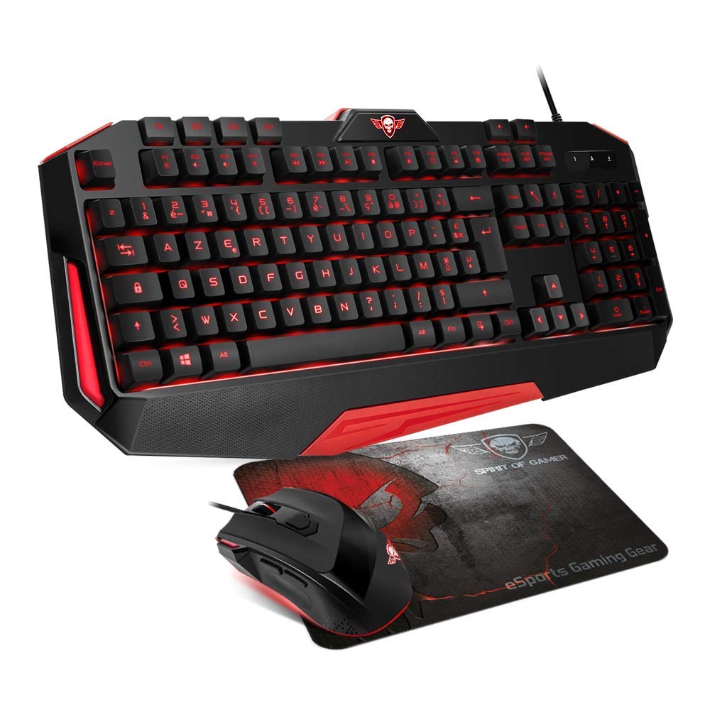 SPIRIT OF GAMER - 3IN1 PRO-MK3 QWERTY Pack - Anti-Ghosting-Tastatur mit Hintergrundbeleuchtung mit 26 Tasten und 4 Makros/Gamermaus 7 programmierbaren Tasten 3200 DPI/rutschfeste Matte