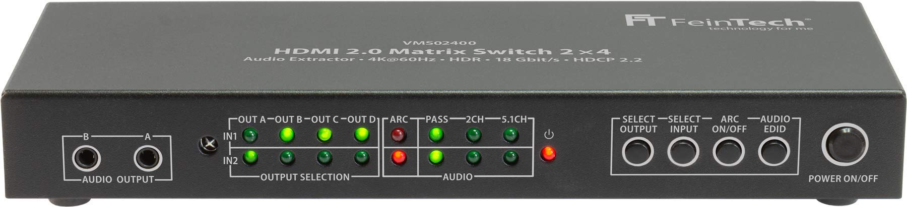 FeinTech VMS02400 HDMI 2.0 Matrix Switch Splitter 2 Eingänge 4 Ausgänge Audio Extractor 4K 60Hz HDR