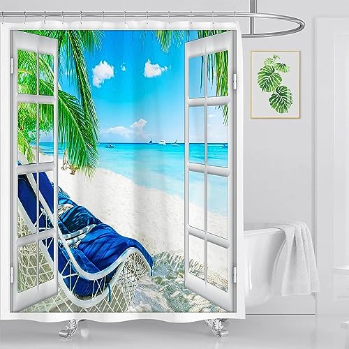 Duschvorhang Anti-Schimmel Hawaii 3D Duschvorhänge 200x240 Strand Mit Meerblick Duschvorhang Textil Waschbar Wsserdicht für Badezimmer Badewanne Badevorhang Bad