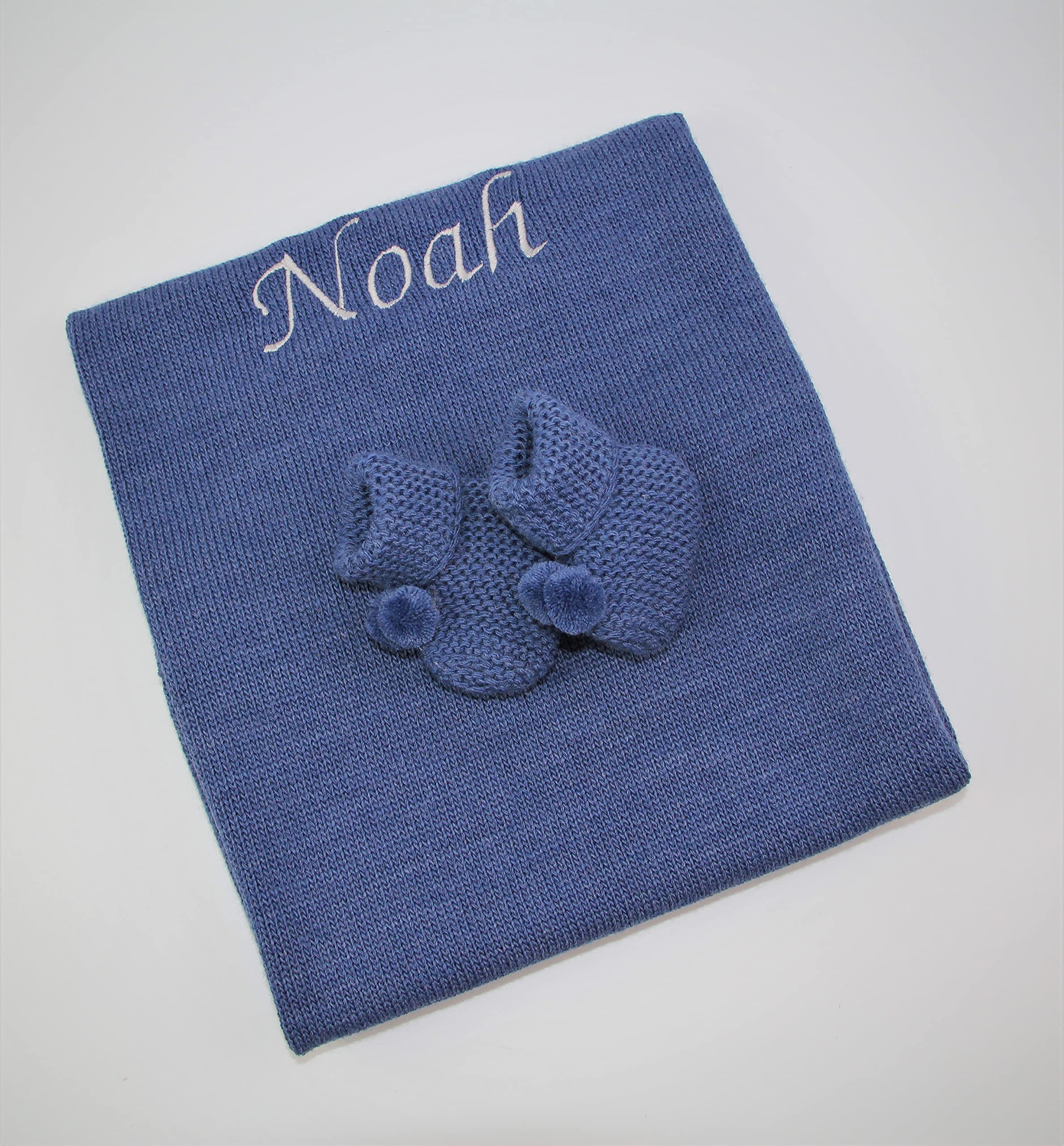 minisworld Baby Decke Strickdecke mit Schühchen personalisiert (dunkelblau)