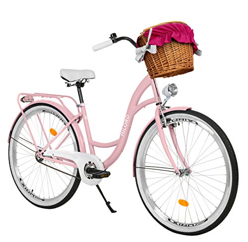Milord. 28 Zoll 1-Gang rosa Komfort Fahrrad mit Korb und Rückenträger, Hollandrad, Damenfahrrad, Citybike, Cityrad, Retro, Vintage