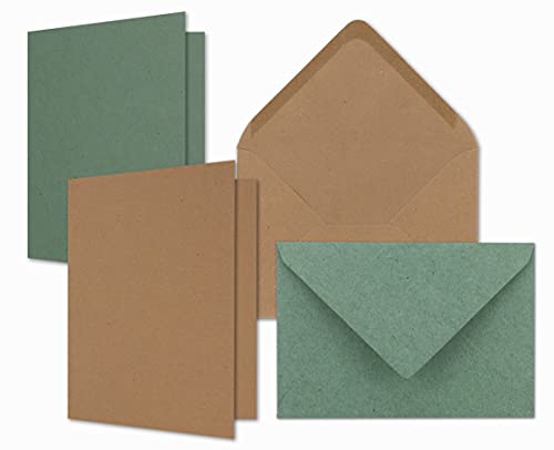 50x Kartenpaket Kraftpapier DIN A6 / C6 in Braun und Eukalyptus (Grün) - Natur Faltkarten mit Falz A6 10,5 x 14,8 cm & Umschläge C6 11,4 x 16,2 cm