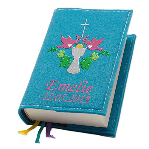 Evangelische Gesangbuchhülle Gesangbuch Kelch pink Filz mit Namen bestickt mittlere Ausgabe, Farbe:türkis