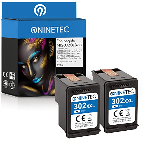 NINETEC EcoLonglife XXL 2er Set Patronen kompatibel mit HP 302XL HP302 Black je 20ml | 135% mehr Inhalt! | Für HP DeskJet 1110 2130 3639 HP Envy 4520 4520 4650 OfficeJet 4650 4654