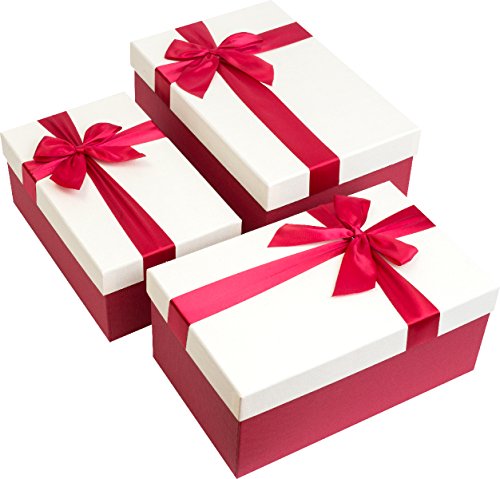 Emartbuy Set Mit 3 Starre Geschenkbox, Red Box Mit Sahne Deckel, Braunen Und Roten Schleife
