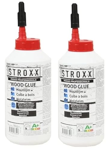 STROXX® 2x Holzleim 750g (1,5Kg) weiß – wasserfest & temperaturbeständig – perfekt für den Innen- & Außenbereich geeignet–schnelltrocknender Super D3 PVAC Holzkleber für Verleimungs- & Bastelarbeiten