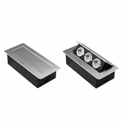 Einbausteckdose Modell: A - 3x Schuko Schutzkontakt Steckdose versenkbar klappbar für Möbel Tische, Böden | 11 Modelle in Schwarz oder Silber zur Auswahl