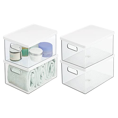 mDesign 4er-Set Badezimmer Organizer – praktische Aufbewahrungsbox aus Kunststoff mit Deckel – stapelbare Bad Box zur Aufbewahrung von Shampoo, Duschgel, Lotionen & Co. – durchsichtig/weiß