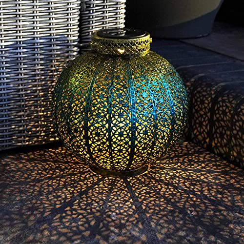solarbetriebene wetterfeste Outdoor Metall Leuchten - marokkanischer Antik-Stil – inkl. Akku, Solarpaneel, Dämmerungsschalter, von Festive Lights (runde Laterne blau & grüngold)