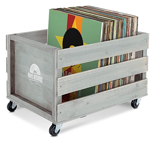 Stagecaptain SPK-100 GY Schallplattenkiste “Emil” 3x Set - Aufbewahrungsboxen für bis zu 100 LPs - aus Vollholz im Retro-Design - 4 lenkbare Rollen - auch für vieles andere bis 25 kg - Grau