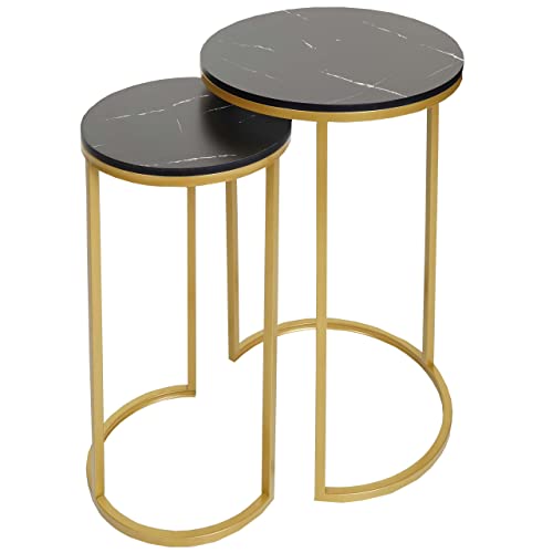 Mendler 2er-Set Beistelltisch HWC-K46, Kaffeetisch Nachttisch Loungetisch, Marmor-Optik FSC-Zertifiziert MDF - schwarz-Gold