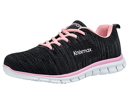 Knixmax Damen Sportschuhe Bequem Turnschuhe Atmungsaktiv Running Sneaker Outdoor Fitnessschuhe Leicht Laufschuhe Knit Schwarz-Pink 40 EU