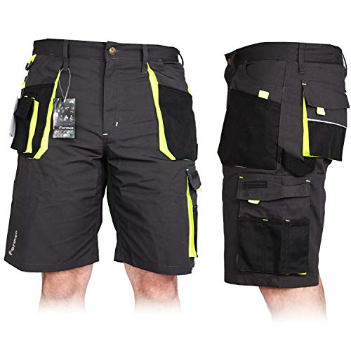 Kurze Arbeitshose für Herren, Bermuda Shorts Sommerhose Sicherheitshose Schutzhose Arbeitsbekleidung Sommer, Grau-Schwarz-Gelb, XL