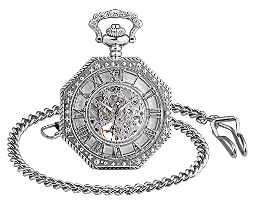 SUPBRO Damen Herren Taschenuhr Hexagon Analog Handaufzug Mechanische Kettenuhr Uhr mit Halskette Pullover Kette Silber