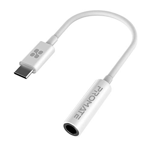 Promate USB-C auf 3,5-mm-Adapter, dynamischer Stereo-USB-Typ-C auf 3,5-mm-Aux-Mikrofonanschluss-Kabeladapter mit hochauflösendem Sound für UBC-C-Geräte, Musik und Anrufe, AUXLink-C, Weiß
