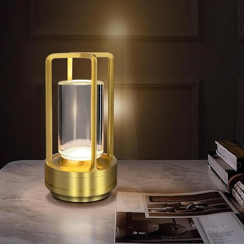 LED Tischlampe Kabellos Dimmbare Touch Akku Tischleuchte Wiederaufladbar Kristall-Laternen Lampe USB-C Aufladbar Batterie Indoor Outdoor Tischlampe für Restaurant Schlafzimmer Bar Esstisch,Gold