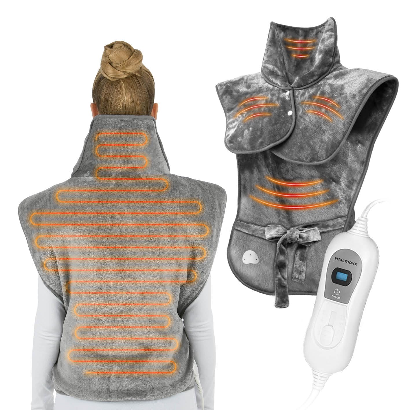 VITALmaxx Rücken- & Schulterheizdecke mit Abschaltautomatik | Wohlige Wärme für Schultern und den gesamten Rücken | Optimaler Sitz | Mikrofaser max. 100W [grau]