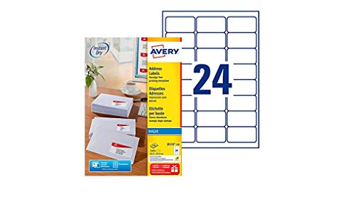 Avery schnelltrocknende Adressetiketten für Tintenstrahldrucker 24 pro Blatt 63,5 x 33,9 mm 2400 Etiketten weiß
