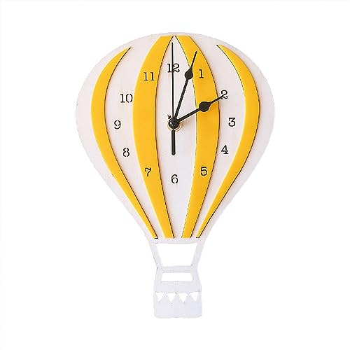 EXQUILEG Heißluftballon-Leise Wanduhr, Zuhause Kunst Dekor-Wanduhr, Cartoon Heißluftballon Uhr Mute Crafts Nordic Style Wanduhr für Kinderzimmer, Hotel, Café, Büro (Gelber Heißluftballon)
