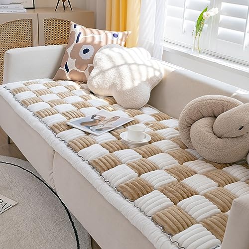 Funnyfuzzy Cream-Coloured Large Plaid Square Pet Mat Bed Couch Cover, Funny Fuzzy Couch Cover, Dog Blankets for Large Dogs for floor pet Couch Cover (27.6x70.9in,coffee)