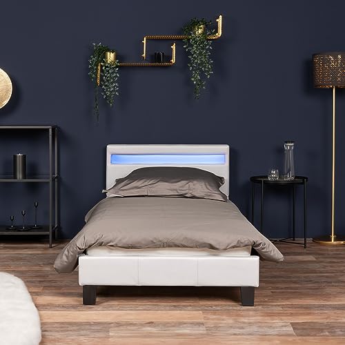 Home Deluxe - LED Bett Astro - 90 x 200 cm, weiß - Inkl. Lattenrost I Polsterbett Design Bett inkl. Beleuchtung