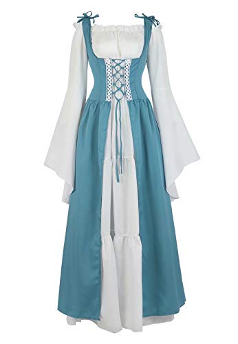 Josamogre Mittelalter Kleidung Damen Kleid renaissance mit Trompetenärmel Party Kostüm bodenlang Vintage Retro costume cosplay Blau L