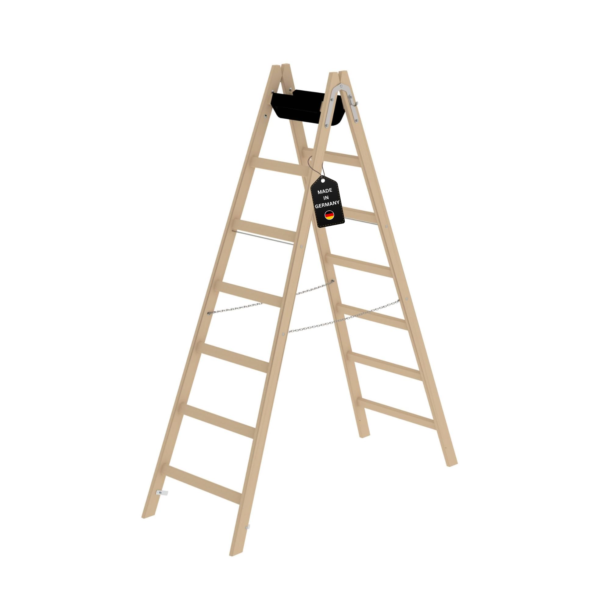 PROREGAL Sprossen-Stehleiter Holz mit Werkzeugablage | 2x7 Sprossen | Leiter, Teleskopleiter, Trittleiter, Bockleiter, Sprossen-Doppelleiter