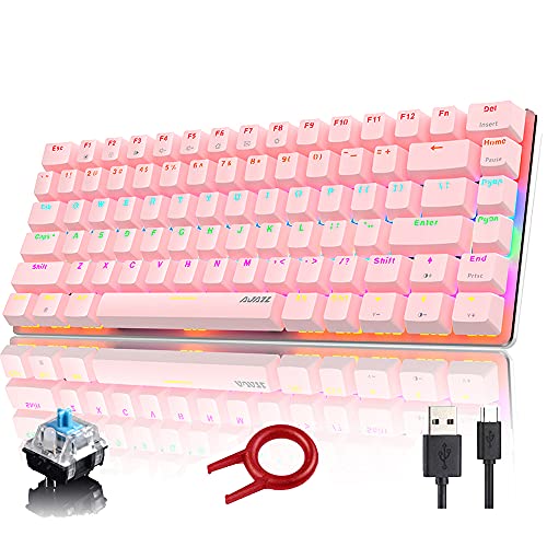 Hoopond Mechanische Tastatur, AK33 8 Regenbogen-LED-Hintergrundbeleuchtung, USB-Kabel, Gaming-Tastatur, 82 Tasten, kompakt mit Anti-Ghosting-Tasten für Gamer und Schreibkräfte (Blauer Schalter, rosa)