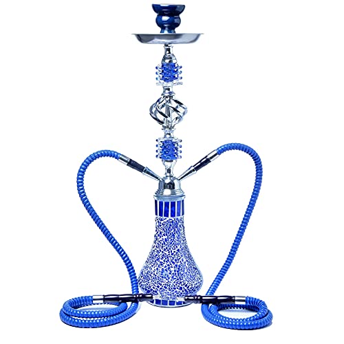 QZH Shisha 21" Luxury 2 Schlauch Shisha Komplettset, Mosaik Glasvase Flaschenkörper (Schwarz),Blau