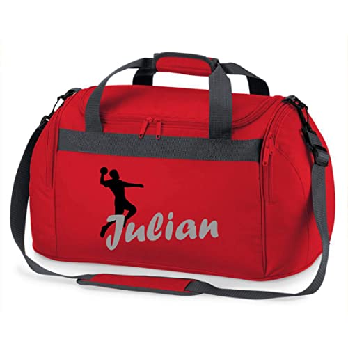 Sporttasche mit Namen Bedruckt für Kinder | Personalisierbar mit Motiv Handball | Reisetasche Duffle Bag für Mädchen und Jungen | Handballspieler Sport (rot)