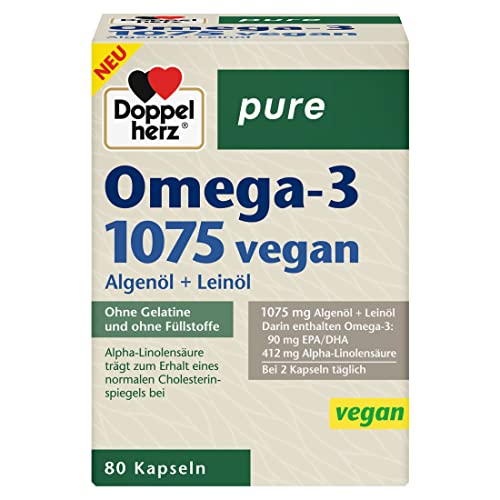 Doppelherz pure Omega-3 1075 vegan - Algenöl + Leinöl - Alpha-Linolensäure trägt zum Erhalt eines normalen Cholesterinspiegels bei – 2er Pack (2 x 80 Kapseln)