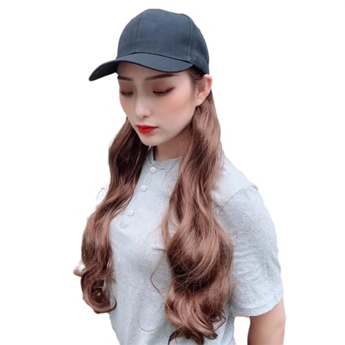 Hut mit synthetischer Haarverlängerung 16 Zoll lange gewellte Haarverlängerungen Baseballkappe komplett aus Baumwolle schwarzer for Frauen – Dunkelschwarz (Color : Brown, Size : Curly hair)