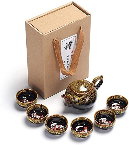 Chinesisches Kung Fu Teeservice Handbemaltes Porzellan (6 Tassen mit Teekanne), Fisch Keramik Teeservice Porzellan Handgefertigte Gravur Seladon Keramik Chinesische - Koi Fisch Design (Yellow)