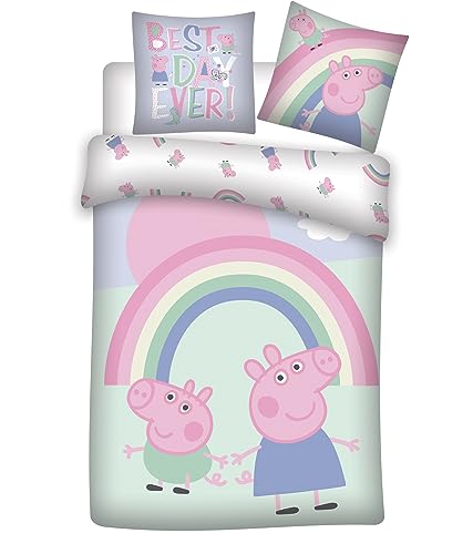 Peppa Pig Bettwäsche Rainbow für kleines Bett, 100 % Baumwolle, Bettbezug 100 x 135 cm + Kissenbezug 40 x 60 cm