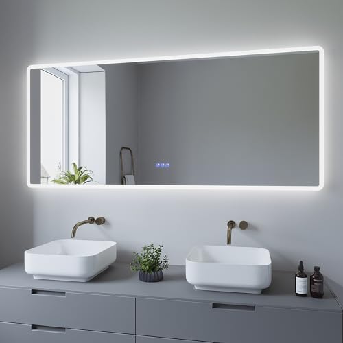 AQUABATOS 160x70 cm Badspiegel mit Beleuchtung Badezimmerspiegel Lichtspiegel LED Wandspiegel Energiesparend. Touch-Schalter Dimmbar + Kaltweiß 6400K + Warmweiß 3000K + Spiegelheizung + IP44 + CE