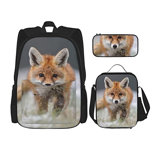 Lawenp Süßes Fuchs-Schultaschen-Set aus DREI Kreuz-Lunch-Beutel-Bleistift-Beutel-Set Jungen- und Mädchen-Schultasche