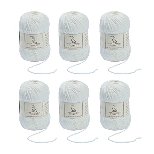 TEHETE Wolle zum Stricken und häkeln 35% Merinowolle Gran für Handstrickgarn, 6 Bälle x 50g, 3 fädig, weich und leicht-Weiß