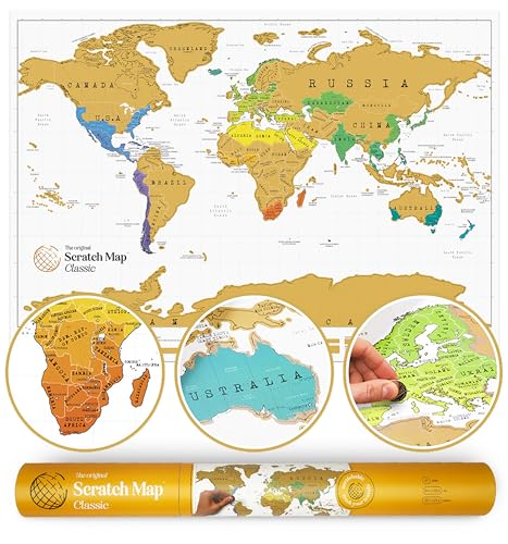 Die Scratch Map - das Original - Weltkarte zum Rubbeln, Rubbelkarte, Deko Rubbelweltkarte auf Englisch | Reise Geschenk - Poster Gadget, coole Geschenke für Frauen, Männer, Kinder - Gold-Folie
