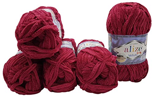5 x 100 Gramm Alize Velluto Strickwolle, Babywolle , 500 Gramm Wolle Super soft Bulky (bordeaux 107)