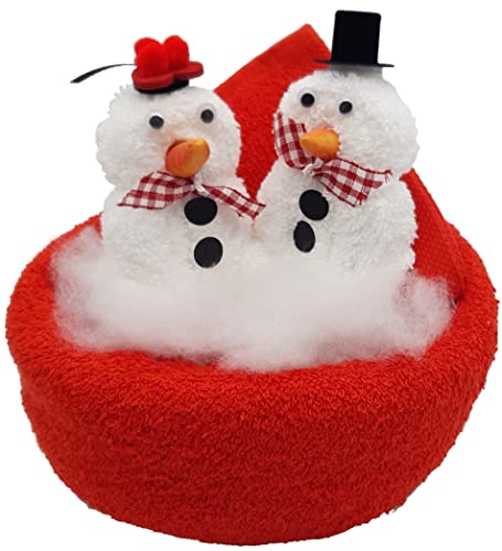 Frotteebox Geschenk Set Schneemann Paar in Handarbeit geformt aus Handtuch 100x50cm rot, 2X Waschhandschuh weiß mit Schwarzwald Bollenhut
