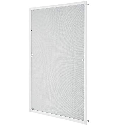 Juskys Fliegengitter mit Alu-Rahmen 130 x 150 cm — Insektenschutz & Mückenschutz für Fenster zum Einhängen — Insektenschutzgitter UV-beständig in Weiß