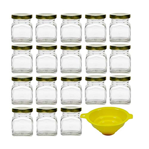 Viva-Haushaltswaren - 18 kleine quadratische Marmeladengläser 120 ml mit Schraubverschluss inklusive einem gelben Einfülltrichter