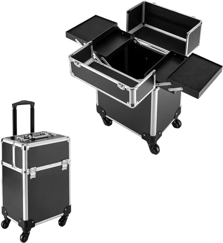 Upgraded Make Up Koffer, Kosmetikkoffer Trolley Schminkkoffer mit Griff 4 Universalrollen mit 4 ausziehbaren Fächern für Reisen Trolley Beauty Case