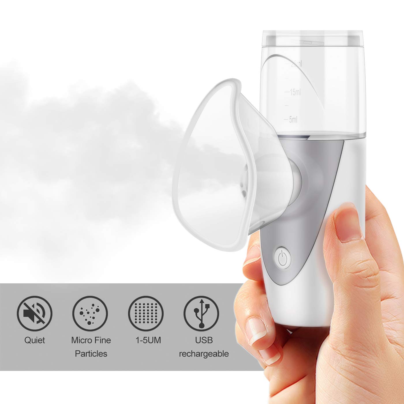 Hand-Dampf-Inhalator, tragbar, Mini-Zerstäuber, kühler Nebel, Luftbefeuchter für Kinder und Erwachsene, für Reisen und Haushalt, Grau